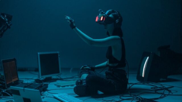 A person sitting in the middle of the room connected to artificial reality, interacting with AI